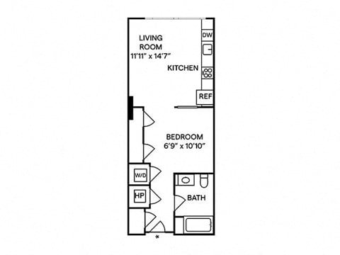 Floor plan for studio, 1 bath, 613 sqft